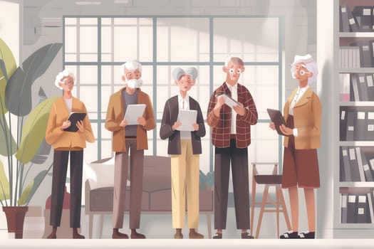 Five elderly individuals gather in a well-lit room, attentively engaging with tablets and papers, fostering connection and sharing knowledge.
