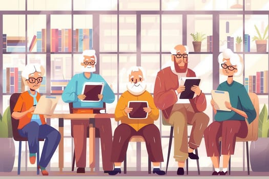 A group of elderly individuals enjoy reading books and tablets together in a warm and inviting library atmosphere.