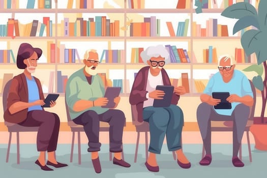 A group of elderly individuals uses tablets, focused on learning activities in a welcoming library filled with books.