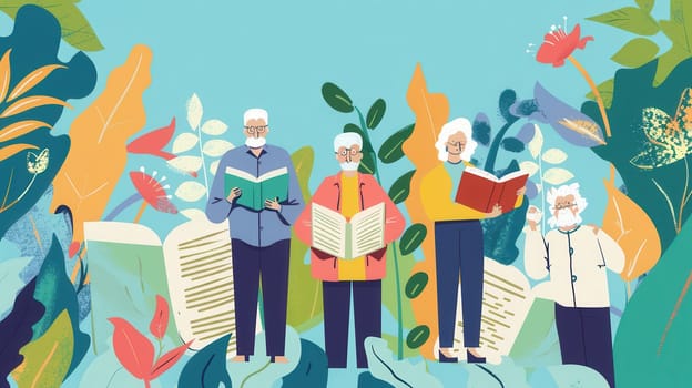 Four elderly people study foreign languages with textbooks and dictionaries, surrounded by lush plants and vibrant foliage in a serene setting.