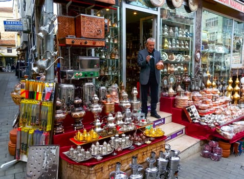 TRABZON, Türkiye - OCTOBER 22, 2014: Sale of souvenirs and antiques in small shops in Trabzon, Türkiye 