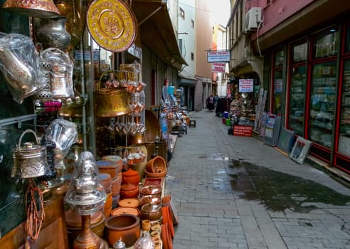 TRABZON, Türkiye - OCTOBER 22, 2014: Sale of souvenirs and antiques in small shops in Trabzon, Türkiye 