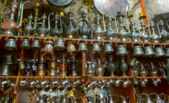TRABZON, Türkiye - OCTOBER 22, 2014: Sale of souvenirs and antiques in small shops in Trabzon, Türkiye 