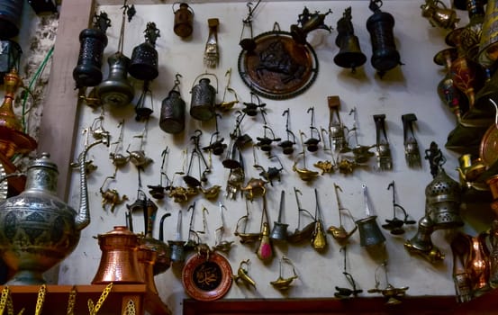 TRABZON, Türkiye - OCTOBER 22, 2014: Sale of souvenirs and antiques in small shops in Trabzon, Türkiye 