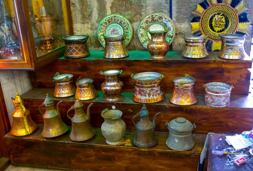 TRABZON, Türkiye - OCTOBER 22, 2014: Sale of souvenirs and antiques in small shops in Trabzon, Türkiye 