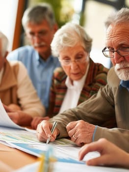 A group of elderly individuals collaborates on community planning, reviewing documents and sharing ideas at a local center during an afternoon meeting.