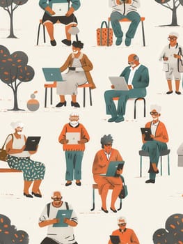 A diverse group of elderly people interacts with laptops and tablets while seated in a peaceful park, enjoying the beautiful weather and each other's company.
