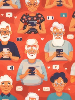 A group of elderly individuals interacts with their smartphones, showcasing connection and engagement in a bright, lively setting.