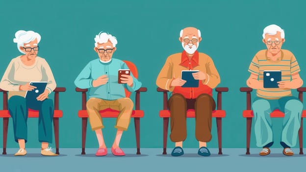 Elderly people are attentively using smartphones and tablets while comfortably seated in bright red chairs inside a cozy room.
