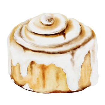 Cinnabon, cinnamon watercolor. Hand drawn cinnamon bun with cream cheese. Classic American sweet. Clip art isolated on white background. For coffee shop menu, pastry shop and sweet pastry recipes. High quality illustration