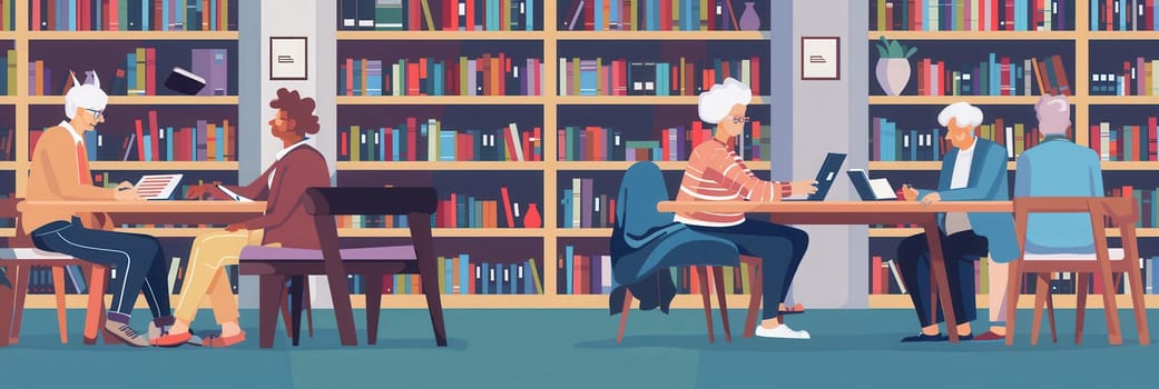 Elderly individuals are deeply focused on studying foreign languages, utilizing textbooks and dictionaries in a quiet community library.