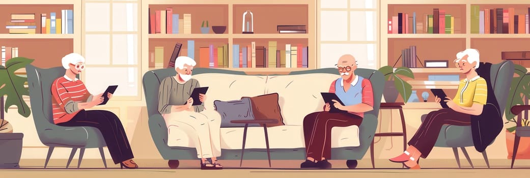 Four elderly individuals sit comfortably in a living room, each focused on their tablet devices, surrounded by books and plants.