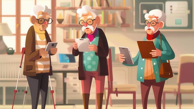 Three elderly individuals are using various devices while seated in a community center, surrounded by books and furniture during the day.