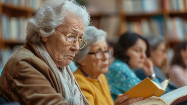 Group of elderly learners focus on foreign language textbooks in a cozy community library setting, deepening their language skills and knowledge.