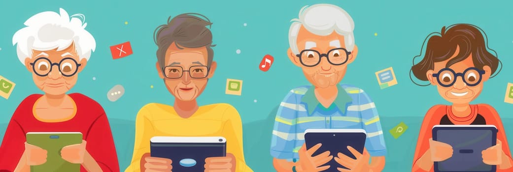 Four elderly people are happily using tablets, focusing on their devices while surrounded by a vibrant and cheerful environment.