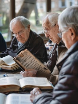 Elderly people study foreign languages together, immersed in textbooks and dictionaries in a cozy and inviting setting.