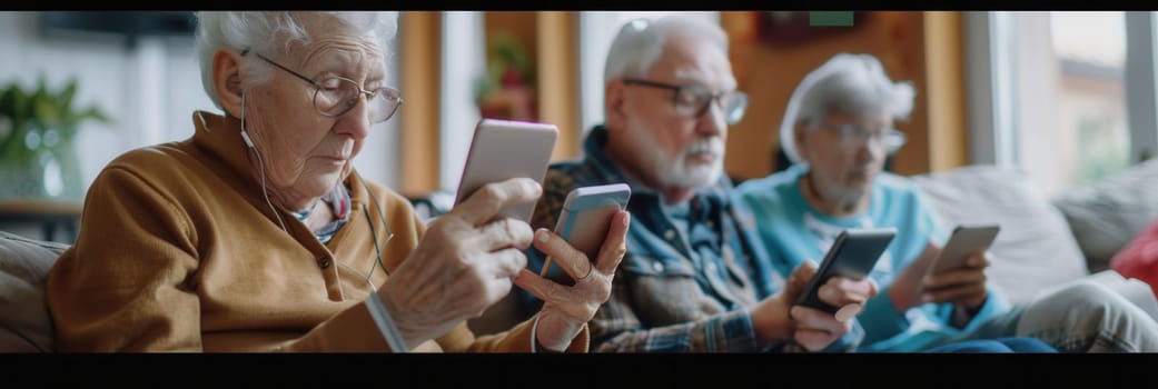 Elderly individuals are focused on their smartphones, seated comfortably in a cozy living room adorned with warm colors and natural light.