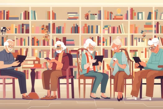 A group of elderly individuals enjoy their time reading books and using tablets in a warm, inviting library surrounded by shelves of books.