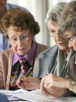 A group of elderly individuals actively discusses documents, sharing insights and collaborating during an afternoon gathering.