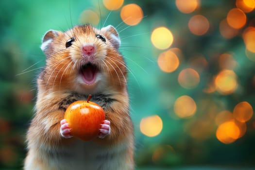 Cute hamster holding an apple with adorable expression and bokeh background