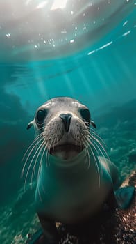 Curious seal swimming underwater in marine habitat, showcasing aquatic wildlife in natural ocean environment