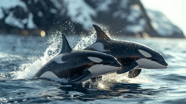 Majestic orcas swimming and splashing in the ocean, showcasing wildlife in a marine habitat