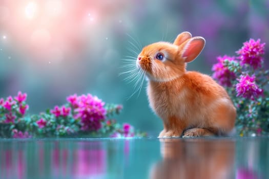 Adorable fluffy bunny in a vibrant garden with pink flowers and green backdrop during springtime.