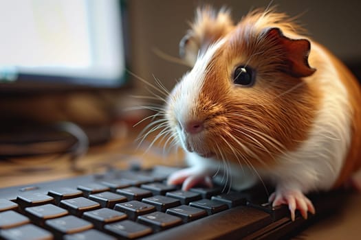 Adorable guinea pig on a keyboard in a tech workspace with a computer