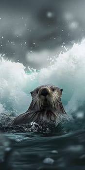 Otter swimming against a wave in the ocean surf, showcasing marine wildlife and aquatic nature