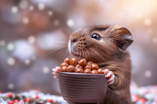 Adorable brown hamster holding a bowl of chocolates in a cute closeup portrait with a blurred background