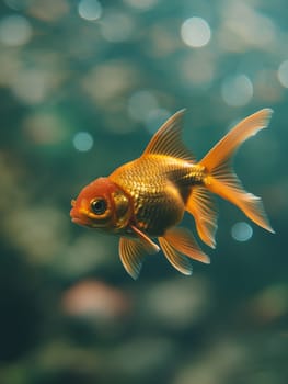 Beautiful orange goldfish swimming underwater with its tail and fins moving gracefully in water