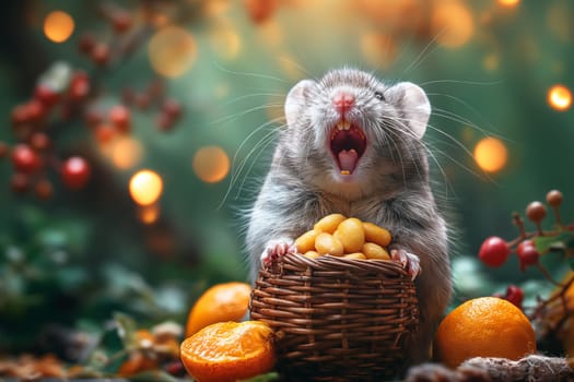 Cute hamster yawning in a basket with oranges and berries under autumn bokeh
