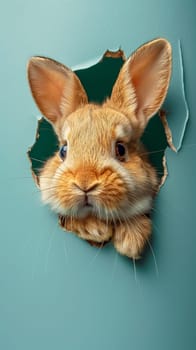 Cute rabbit peeking through a hole in teal background with furry ears and whiskers, looking surprised