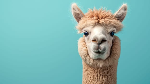 Adorable alpaca portrait with furry wool, blue background, and cute expression