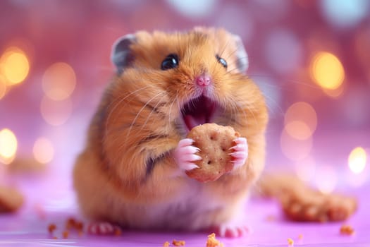 Cute hamster eating a snack, furry small adorable pet animal closeup with tiny details