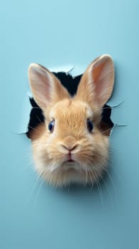 Cute rabbit with fluffy fur and big ears peeking through a hole in a blue background