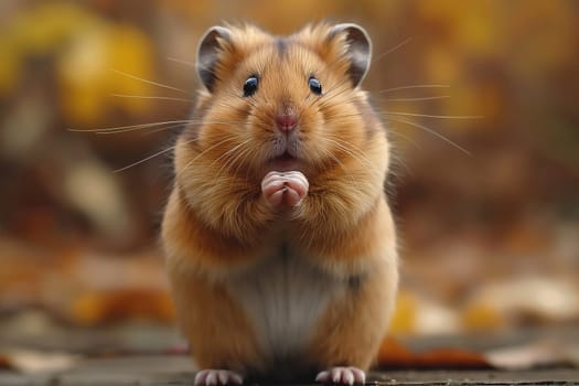 Adorable cute hamster portrait with paws in autumn forest, showcasing nature and wildlife