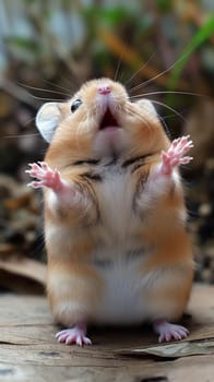 Adorable cute hamster with whiskers and fur standing on the ground with tiny paws