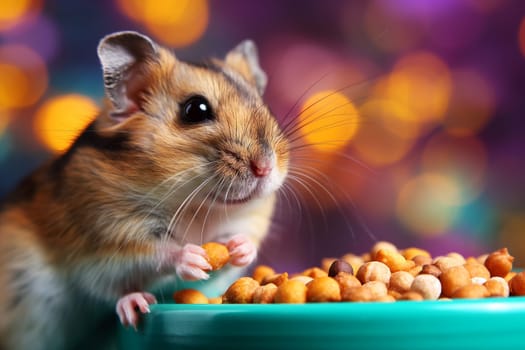 Cute hamster nibbling food with bokeh background, vibrant colors and adorable pet closeup