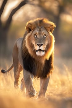 Regal lion walking majestically in the golden savannah during sunset