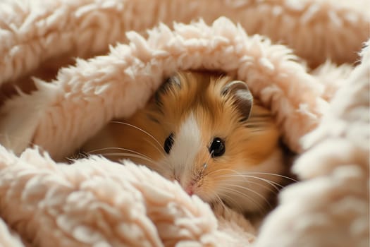 Cute fluffy hamster snuggles in a cozy blanket, showing tiny nose and soft fur with adorable warmth