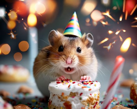 Cute hamster celebrating party with cake, festive hat, and colorful sparkles on birthday