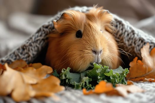 Cozy guinea pig snug in a fall blanket with vegetables and autumn leaves