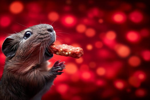 Cute hamster nibbling on a snack with a red bokeh background, animal pet eating and enjoying food