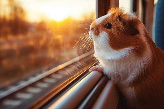 Adorable guinea pig enjoying sunset by the window on a train journey