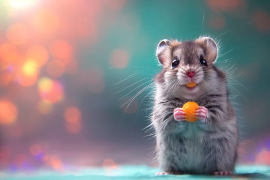Cute hamster with tiny orange in its paws, adorable furry animal with whiskers and a bokeh background
