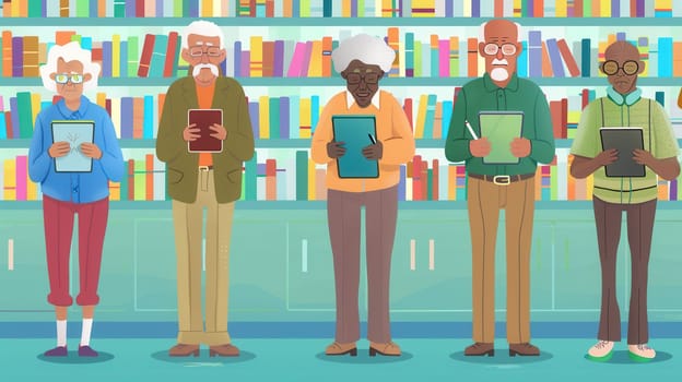 A diverse group of elderly people stands together in a library, participating in a reading program with tablets and notebooks in hand.