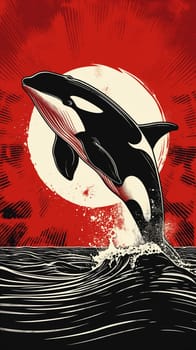 Orca whale leaps from the ocean with waves and splash against the red sun in a beautiful illustration