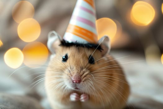 Adorable hamster in a cute party hat for a furry birthday celebration with bokeh lights