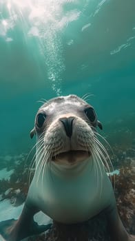 Curious seal swimming underwater, showcasing marine animal and ocean wildlife in natural habitat
